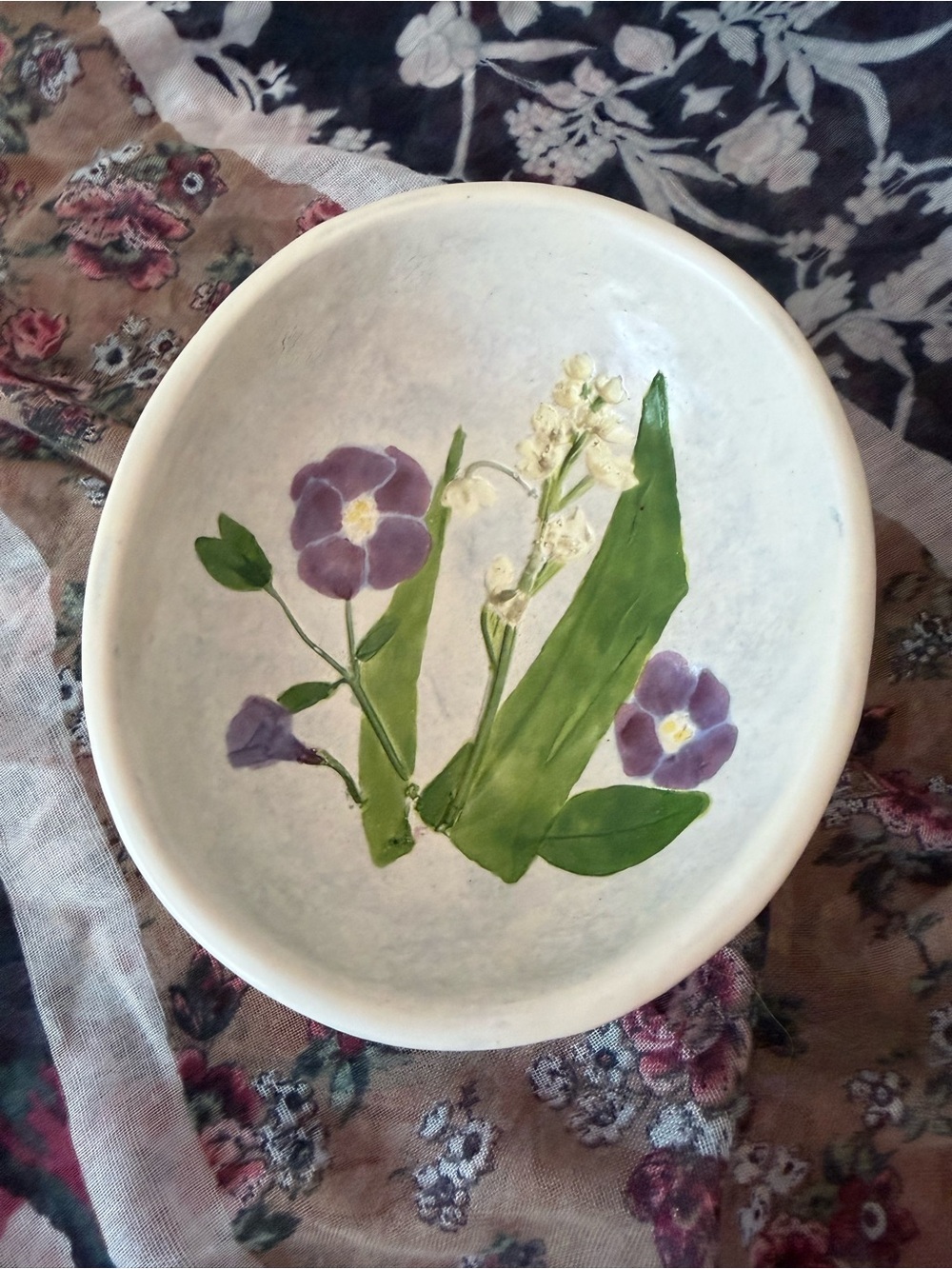 Violet Lily of the Valley Hand Painted Floral Art Pottery Bowl